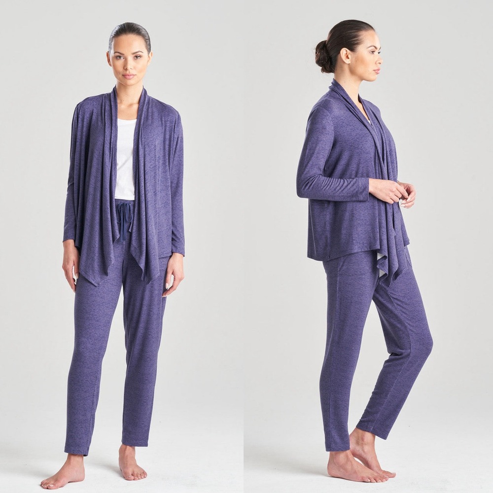Natori Brushed Hacci Cardigan Womens XL Purple Draped Open Front Cozy Loungewear